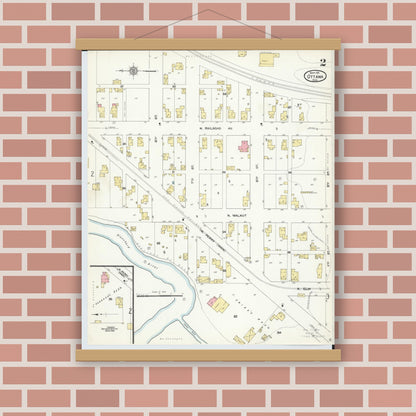 Old map wall art mockup — magnetic wood frame on brick wall — Sanborn Fire Insurance Map from Ottawa, Putnam County, Ohio (1911), Sheet #0002