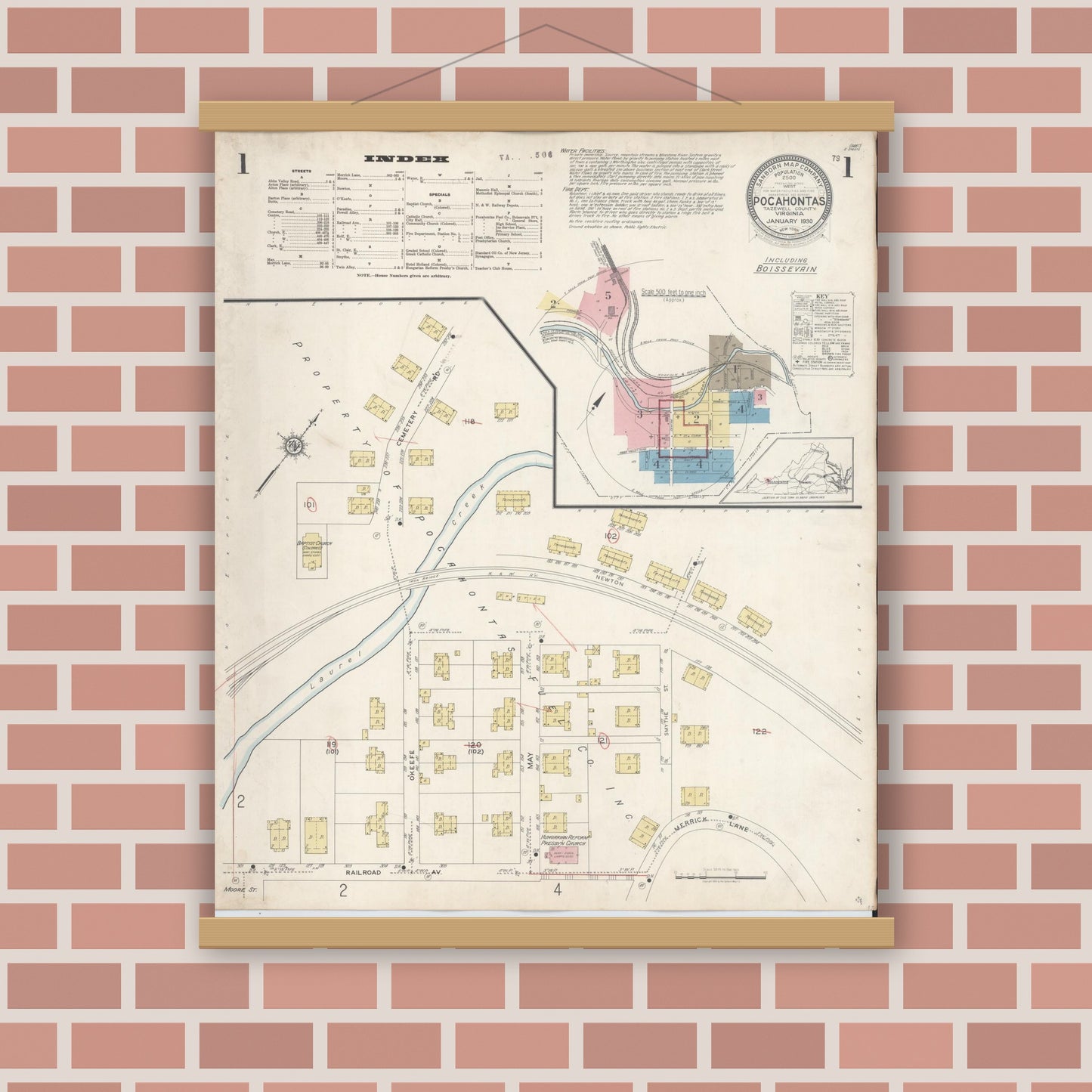Old map wall art mockup — magnetic wood frame on brick wall — Sanborn Fire Insurance Map from Pocahontas, Tazewell County, Virginia (1930) - Complete Map Set