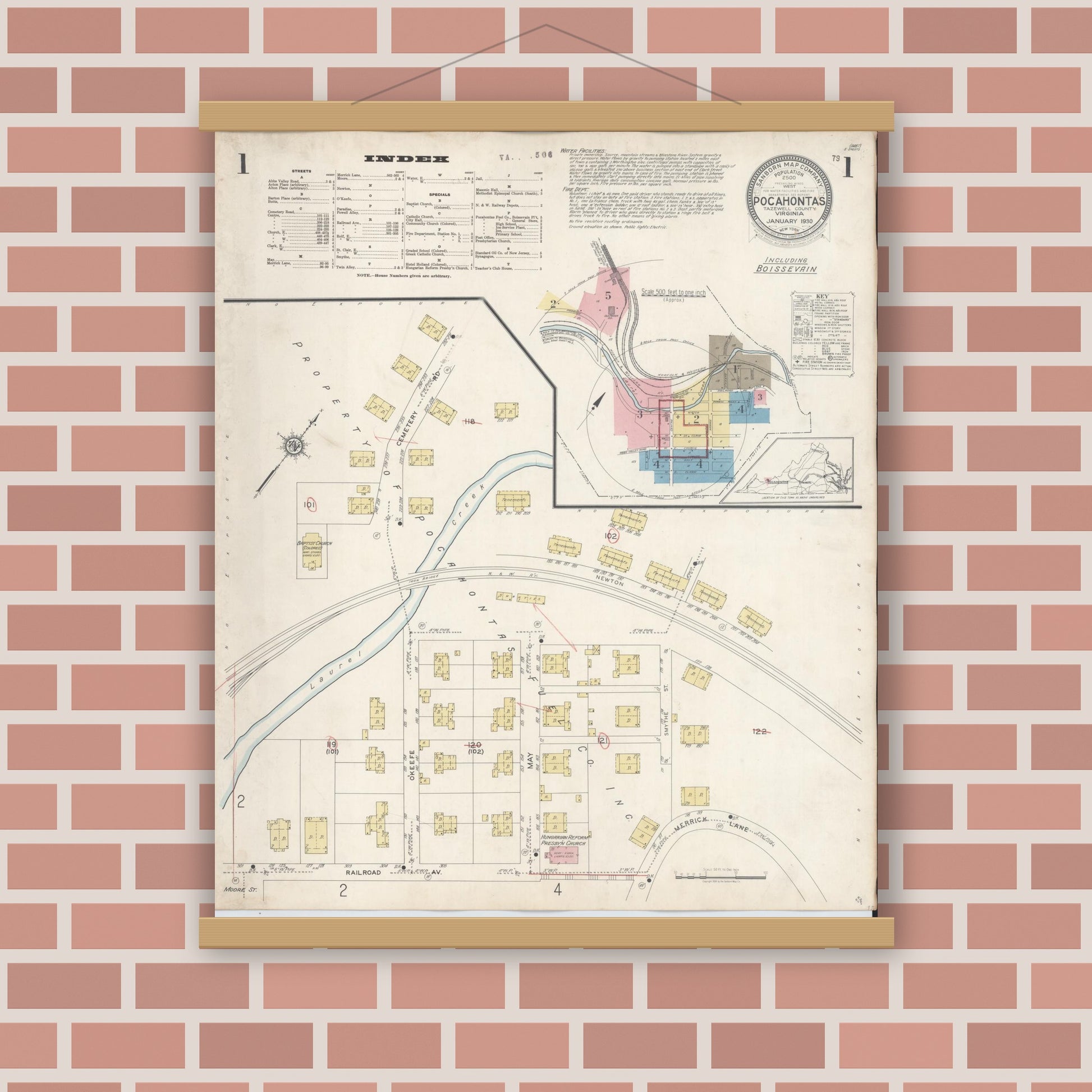 Old map wall art mockup — magnetic wood frame on brick wall — Sanborn Fire Insurance Map from Pocahontas, Tazewell County, Virginia (1930) - Complete Map Set