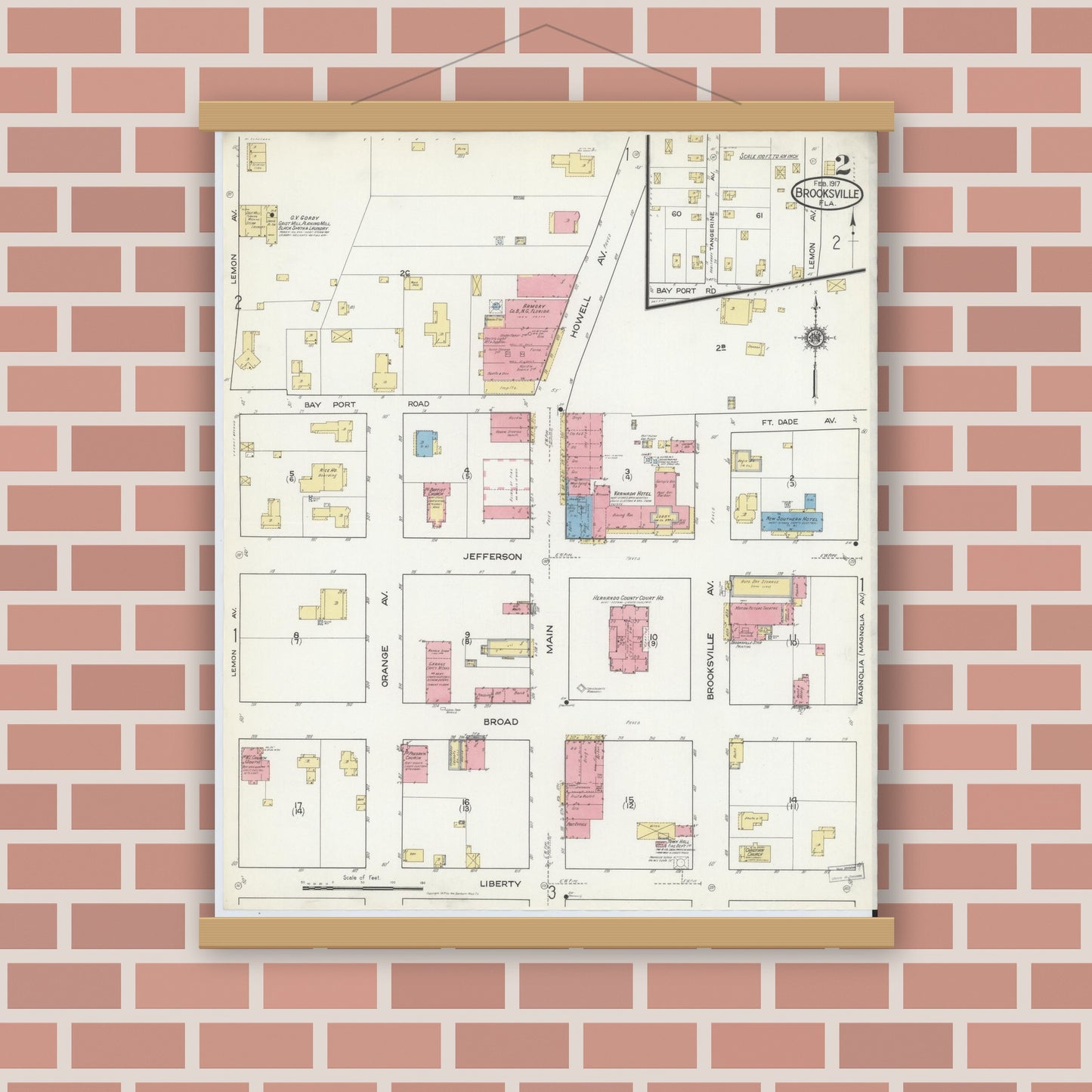 Old map wall art mockup — magnetic wood frame on brick wall — Sanborn Fire Insurance Map from Brooksville, Hernando County, Florida (1917), Sheet #0002