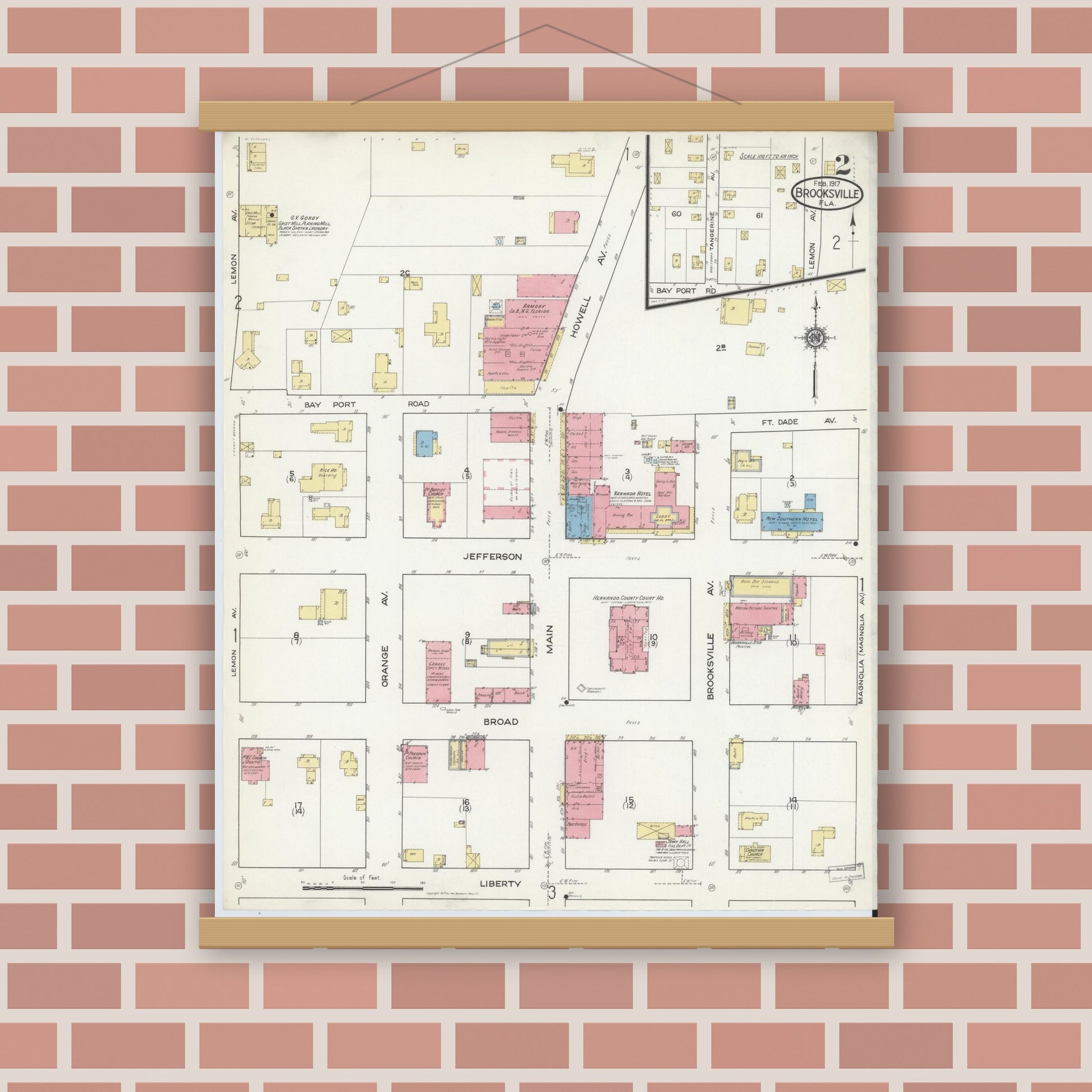 Old map wall art mockup — magnetic wood frame on brick wall — Sanborn Fire Insurance Map from Brooksville, Hernando County, Florida (1917), Sheet #0002