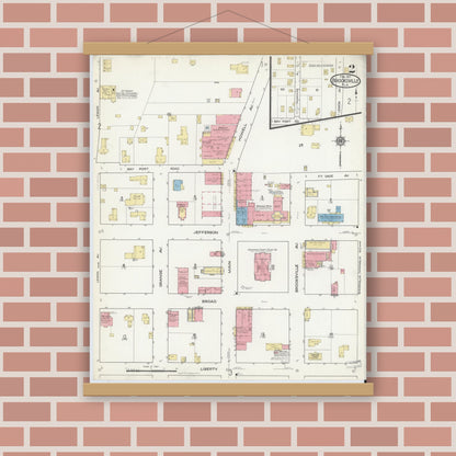 Old map wall art mockup — magnetic wood frame on brick wall — Sanborn Fire Insurance Map from Brooksville, Hernando County, Florida (1917), Sheet #0002