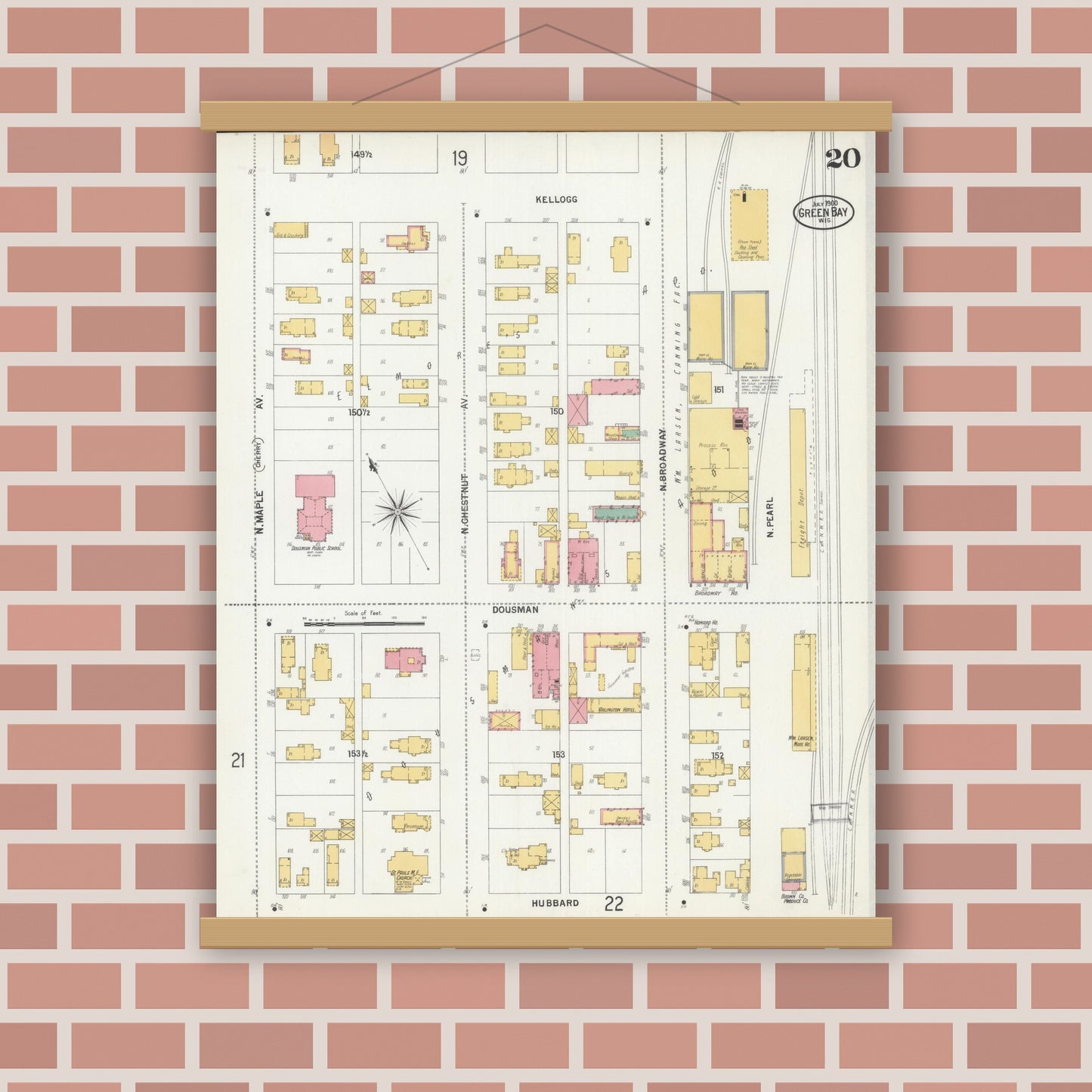 Old map wall art mockup — magnetic wood frame on brick wall — Sanborn Fire Insurance Map from Green Bay, Brown County, Wisconsin (1900), Sheet #0020