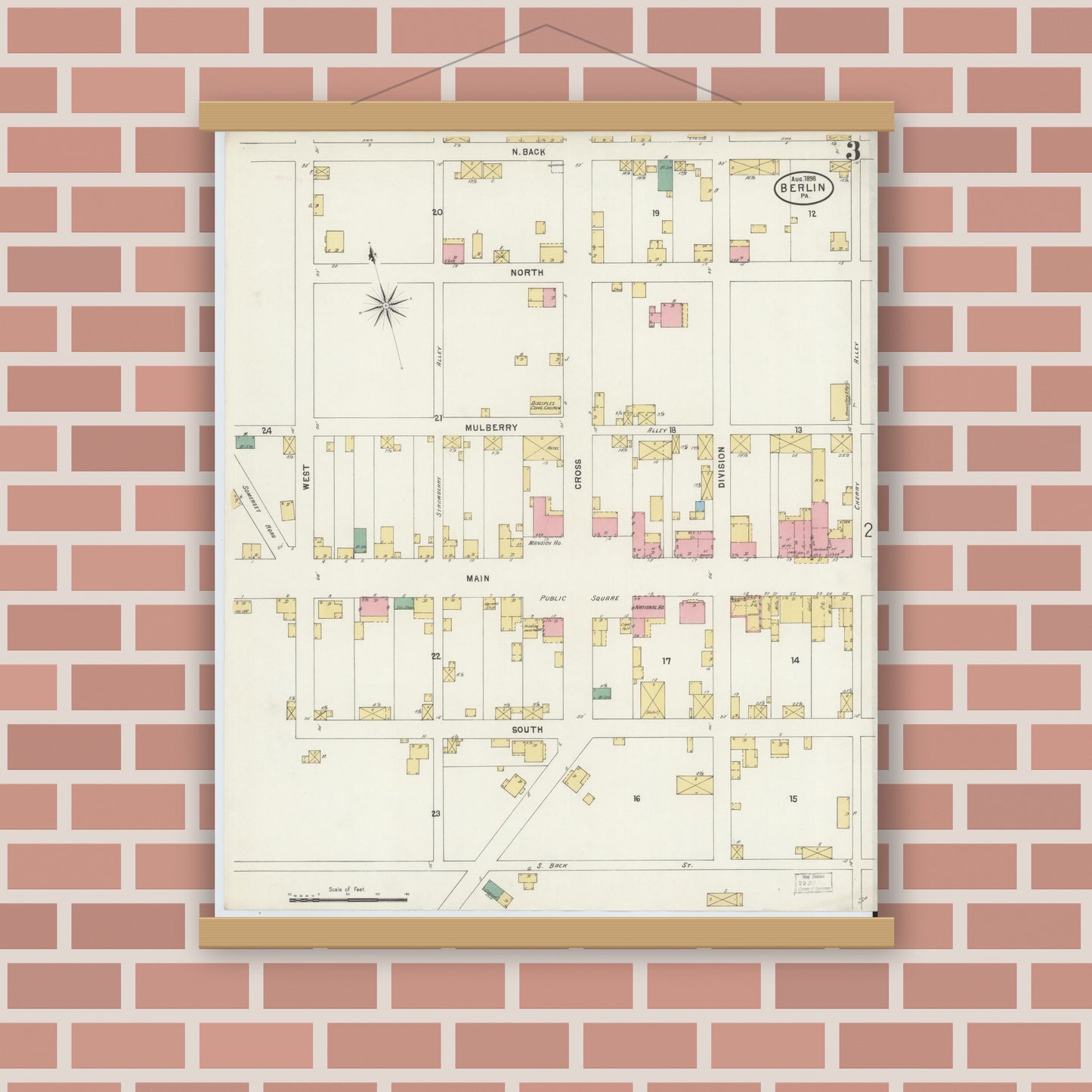 Old map wall art mockup — magnetic wood frame on brick wall — Sanborn Fire Insurance Map from Berlin, Somerset County, Pennsylvania (1898), Sheet #0003