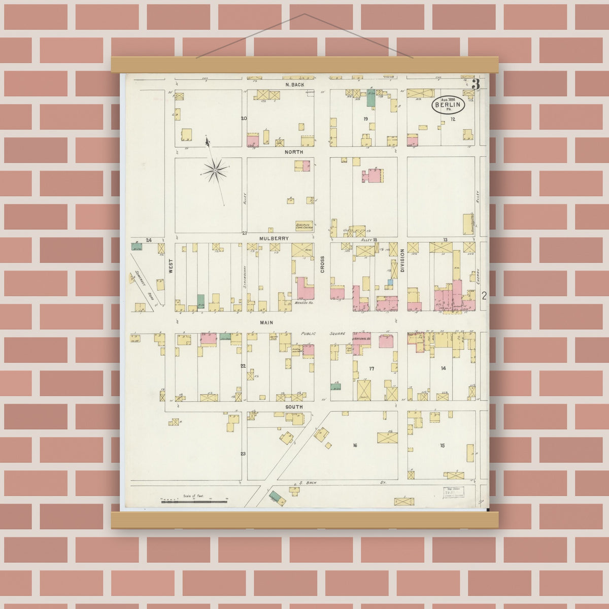 Old map wall art mockup — magnetic wood frame on brick wall — Sanborn Fire Insurance Map from Berlin, Somerset County, Pennsylvania (1898), Sheet #0003