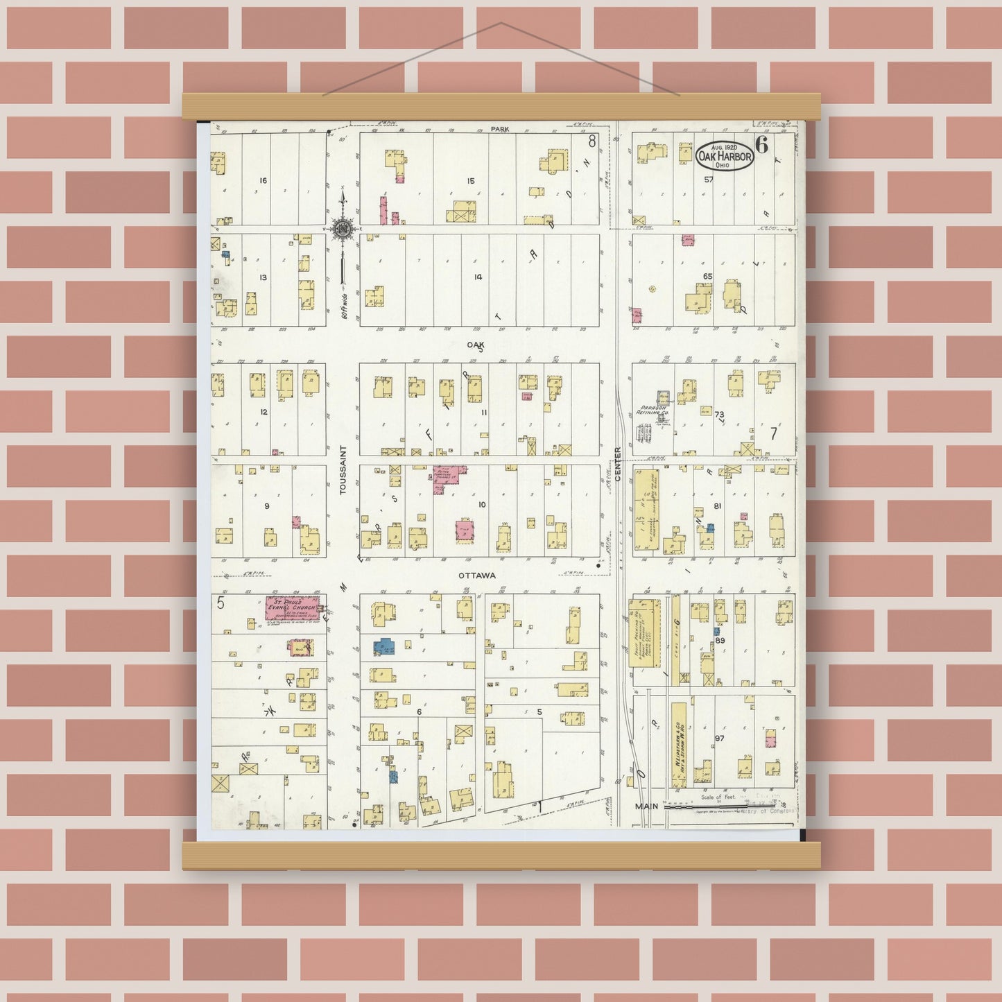 Old map wall art mockup — magnetic wood frame on brick wall — Sanborn Fire Insurance Map from Oak Harbor, Ottawa County, Ohio (1920), Sheet #0006