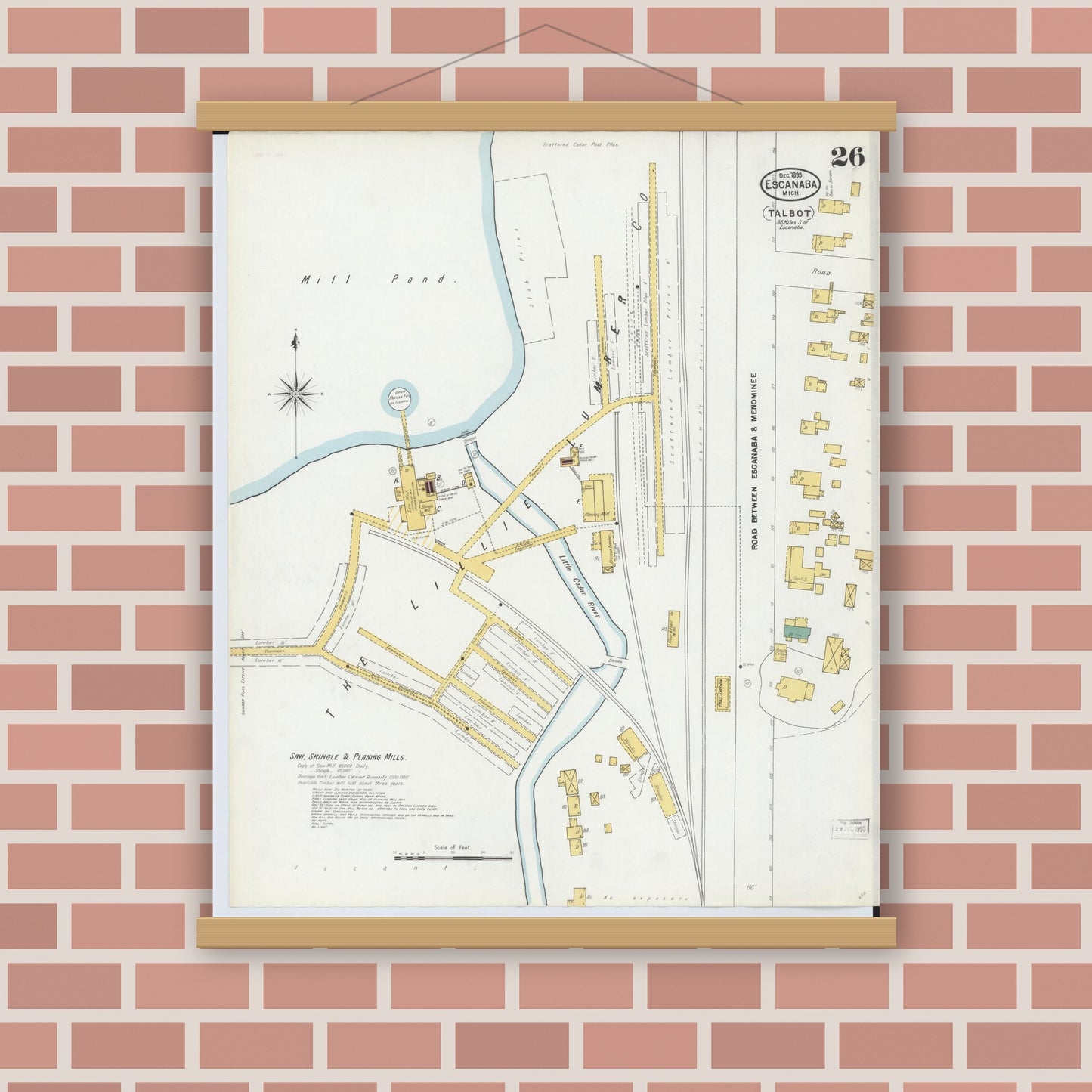 Old map wall art mockup — magnetic wood frame on brick wall — Sanborn Fire Insurance Map from Escanaba, Delta County, Michigan (1899), Sheet #0026