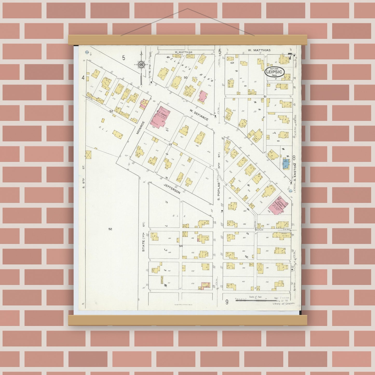 Old map wall art mockup — magnetic wood frame on brick wall — Sanborn Fire Insurance Map from Leipsic, Putnam County, Ohio (1916), Sheet #0007