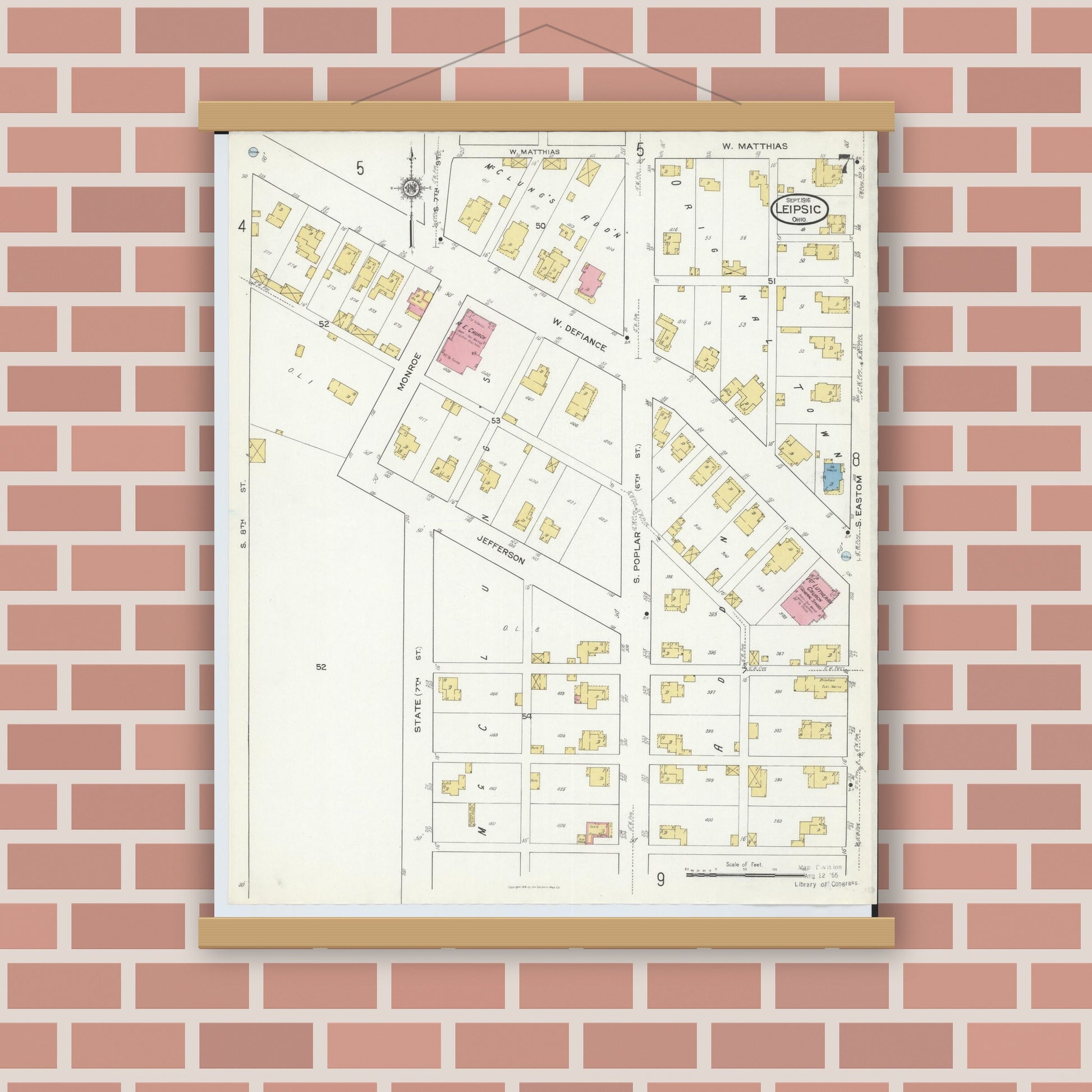 Old map wall art mockup — magnetic wood frame on brick wall — Sanborn Fire Insurance Map from Leipsic, Putnam County, Ohio (1916), Sheet #0007