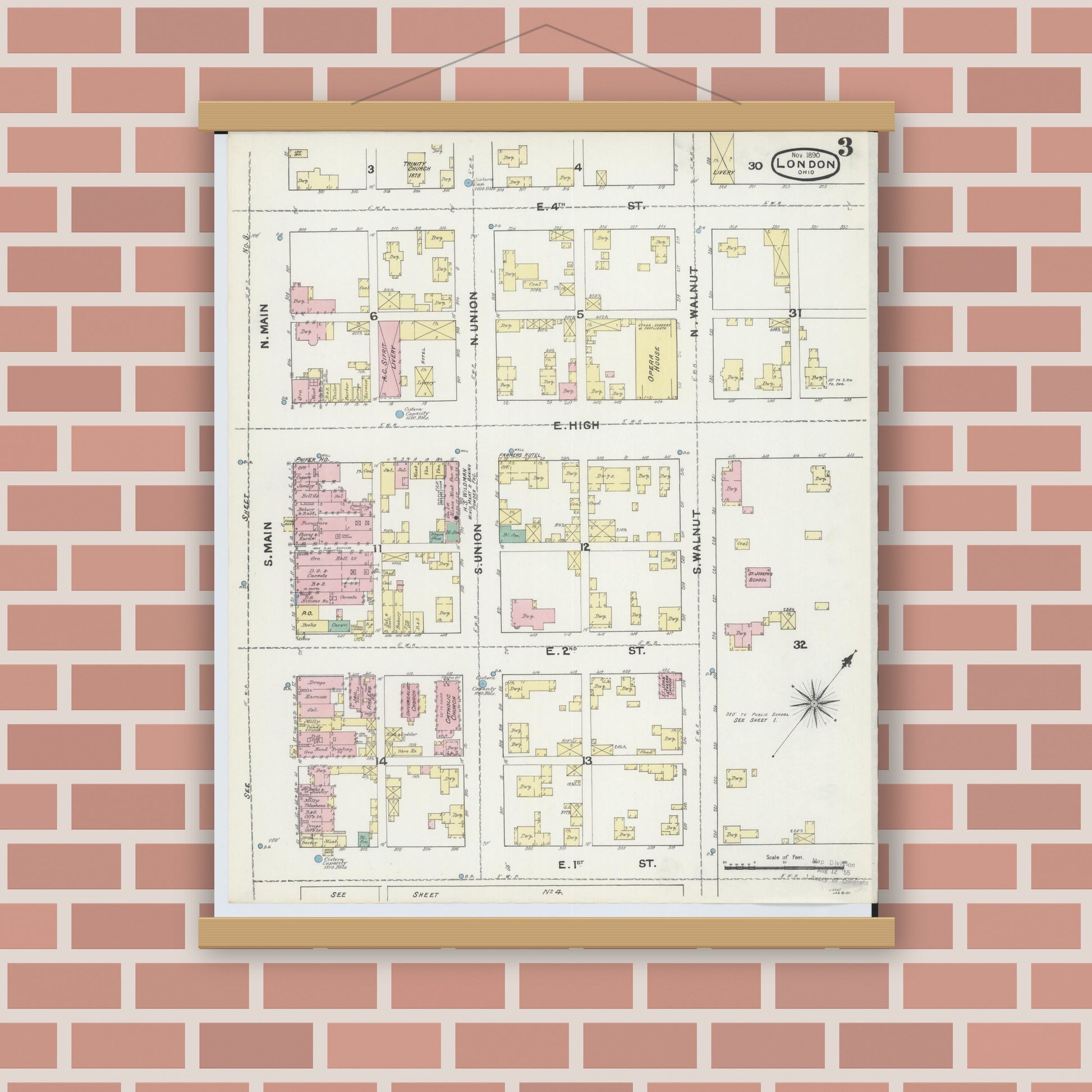 Old map wall art mockup — magnetic wood frame on brick wall — Sanborn Fire Insurance Map from London, Madison County, Ohio (1890), Sheet #0003