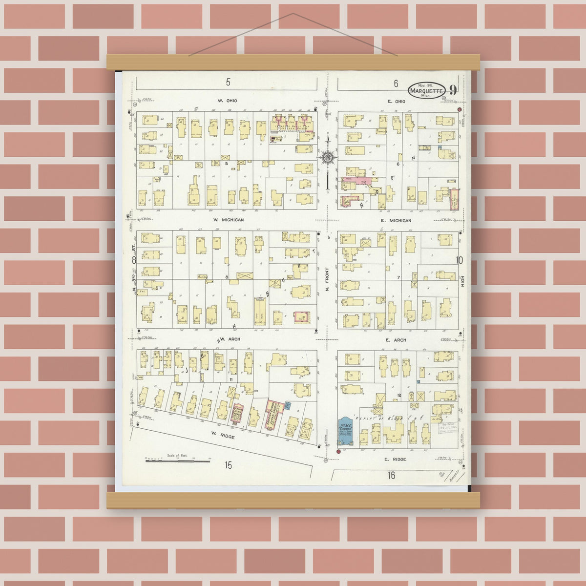 Old map wall art mockup — magnetic wood frame on brick wall — Sanborn Fire Insurance Map from Marquette, Marquette County, Michigan (1911), Sheet #0009