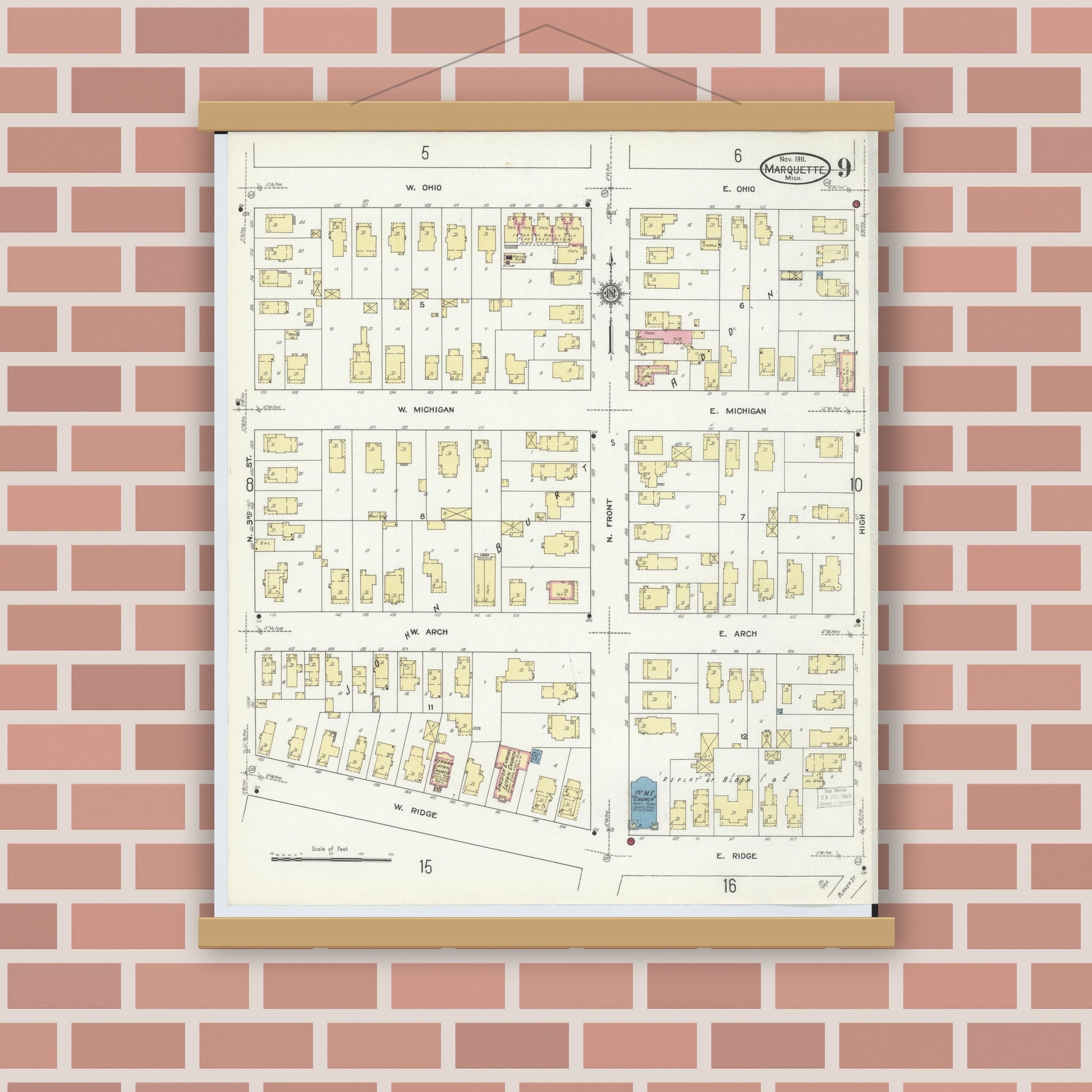 Old map wall art mockup — magnetic wood frame on brick wall — Sanborn Fire Insurance Map from Marquette, Marquette County, Michigan (1911), Sheet #0009