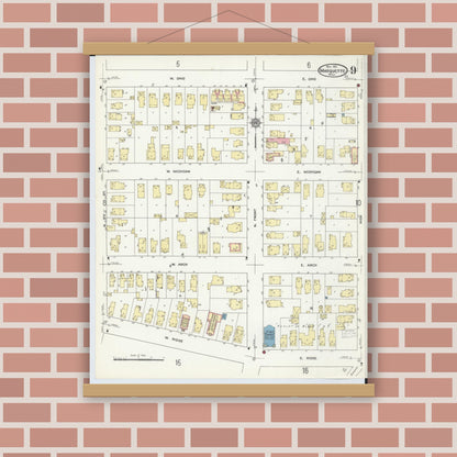 Old map wall art mockup — magnetic wood frame on brick wall — Sanborn Fire Insurance Map from Marquette, Marquette County, Michigan (1911), Sheet #0009