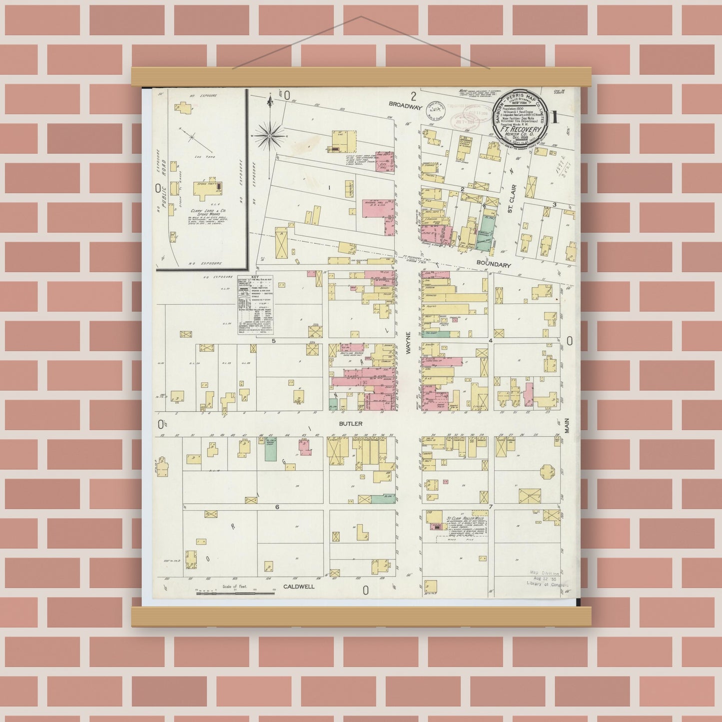 Old map wall art mockup — magnetic wood frame on brick wall — Sanborn Fire Insurance Map from Fort Recovery, Mercer County, Ohio (1898) - Complete Map Set