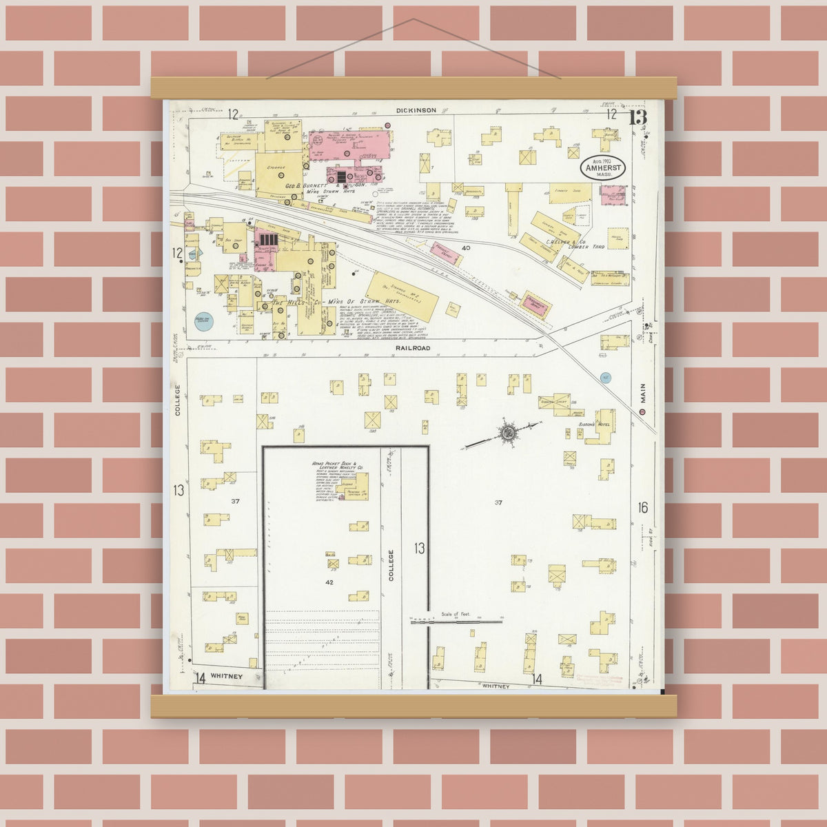 Old map wall art mockup — magnetic wood frame on brick wall — Sanborn Fire Insurance Map from Amherst, Hampshire County, Massachusetts (1910), Sheet #0013