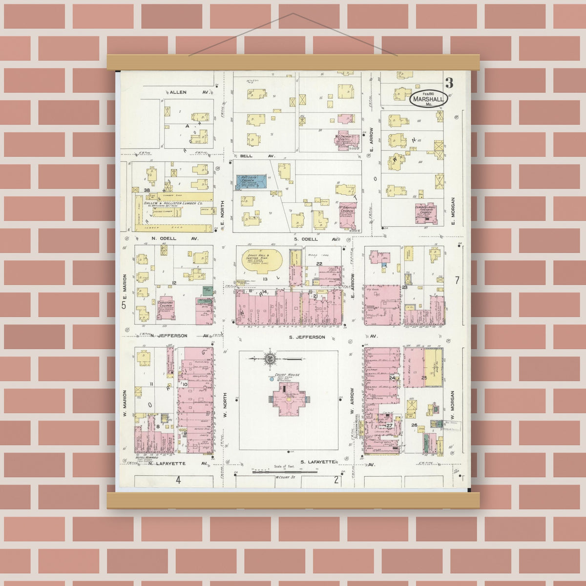 Old map wall art mockup — magnetic wood frame on brick wall — Sanborn Fire Insurance Map from Marshall, Saline County, Missouri (1910), Sheet #0003