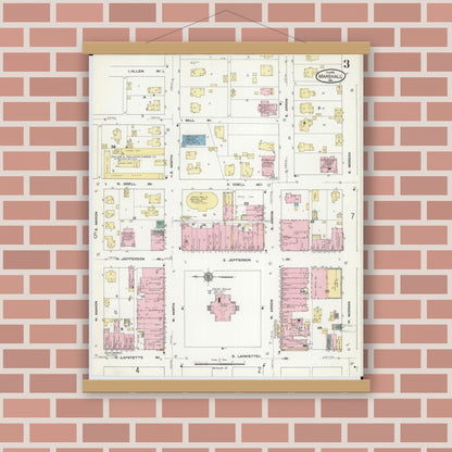 Old map wall art mockup — magnetic wood frame on brick wall — Sanborn Fire Insurance Map from Marshall, Saline County, Missouri (1910), Sheet #0003