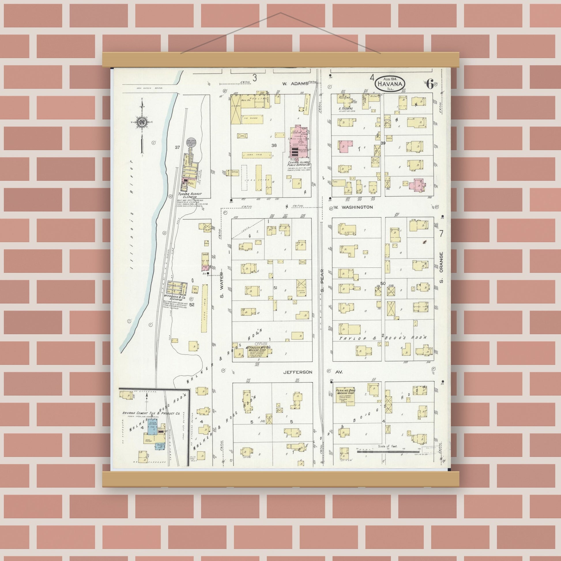 Old map wall art mockup — magnetic wood frame on brick wall — Sanborn Fire Insurance Map from Havana, Mason County, Illinois (1914), Sheet #0006