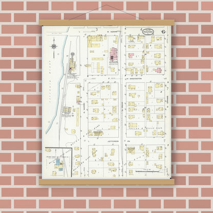 Old map wall art mockup — magnetic wood frame on brick wall — Sanborn Fire Insurance Map from Havana, Mason County, Illinois (1914), Sheet #0006