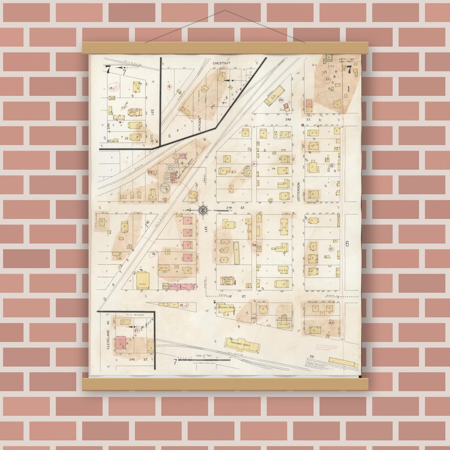 Old map wall art mockup — magnetic wood frame on brick wall — Sanborn Fire Insurance Map from Hayti, Pemiscot County, Missouri (1944), Sheet #0007