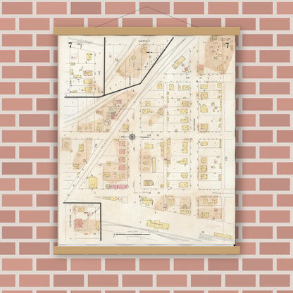 Old map wall art mockup — magnetic wood frame on brick wall — Sanborn Fire Insurance Map from Hayti, Pemiscot County, Missouri (1944), Sheet #0007
