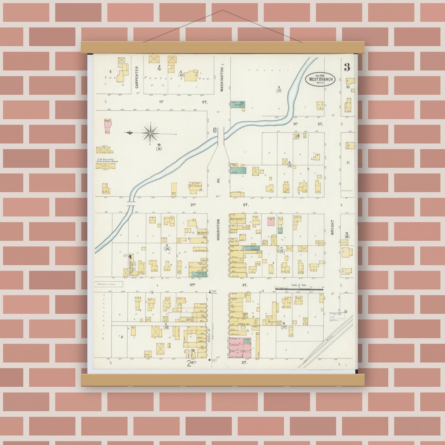 Old map wall art mockup — magnetic wood frame on brick wall — Sanborn Fire Insurance Map from West Branch, Ogemaw County, Michigan (1898), Sheet #0003