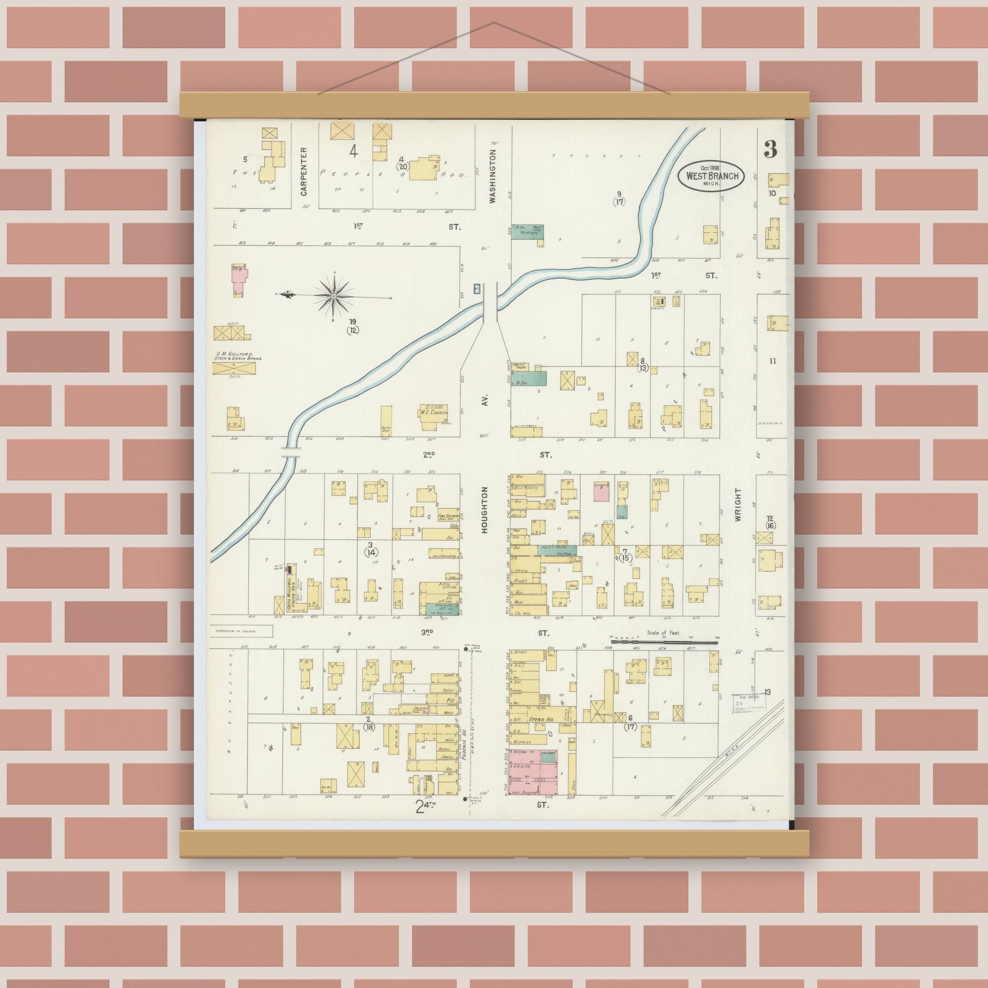 Old map wall art mockup — magnetic wood frame on brick wall — Sanborn Fire Insurance Map from West Branch, Ogemaw County, Michigan (1898), Sheet #0003