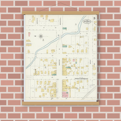Old map wall art mockup — magnetic wood frame on brick wall — Sanborn Fire Insurance Map from West Branch, Ogemaw County, Michigan (1898), Sheet #0003