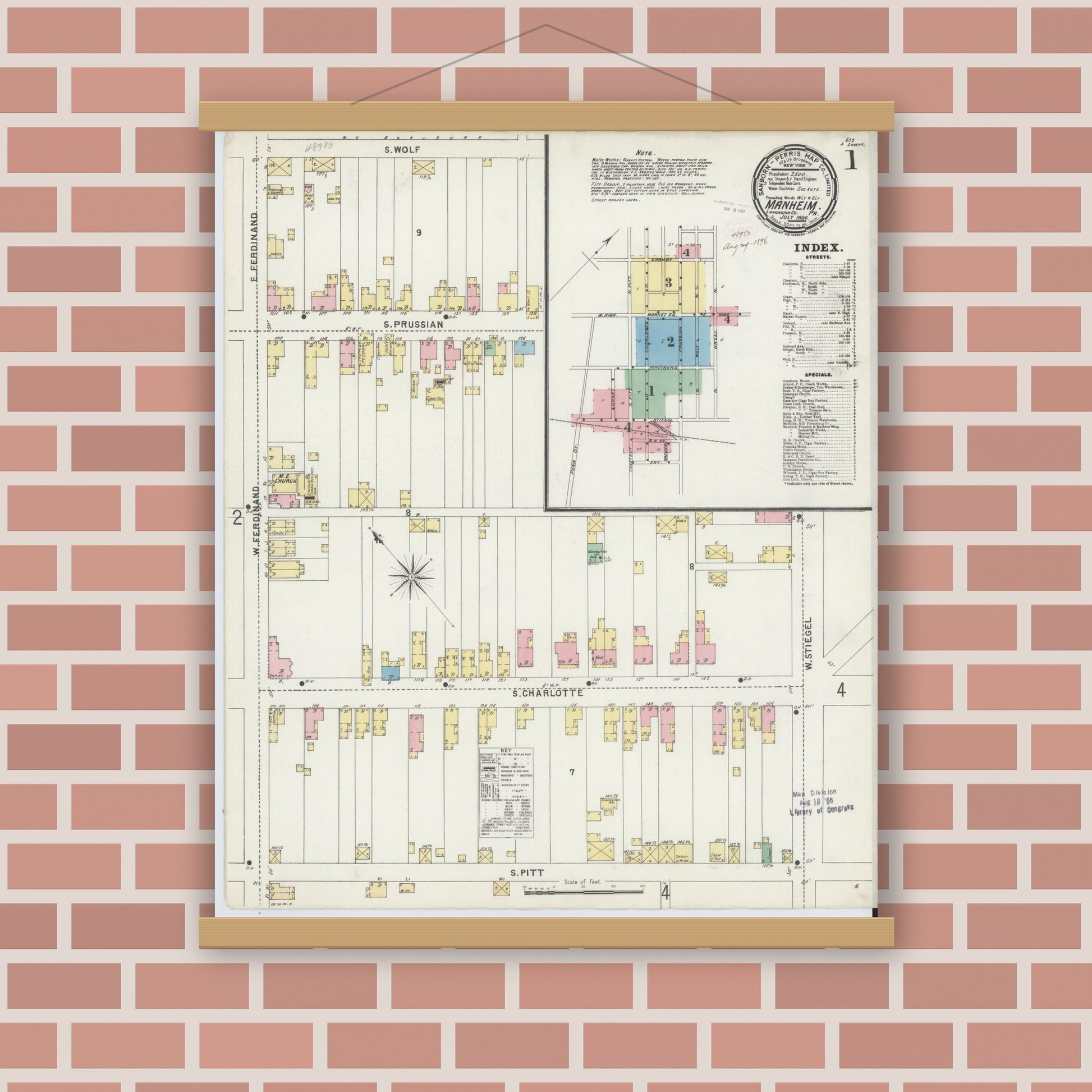 Old map wall art mockup — magnetic wood frame on brick wall — Sanborn Fire Insurance Map from Manheim, Lancaster County, Pennsylvania (1896), Sheet #0001