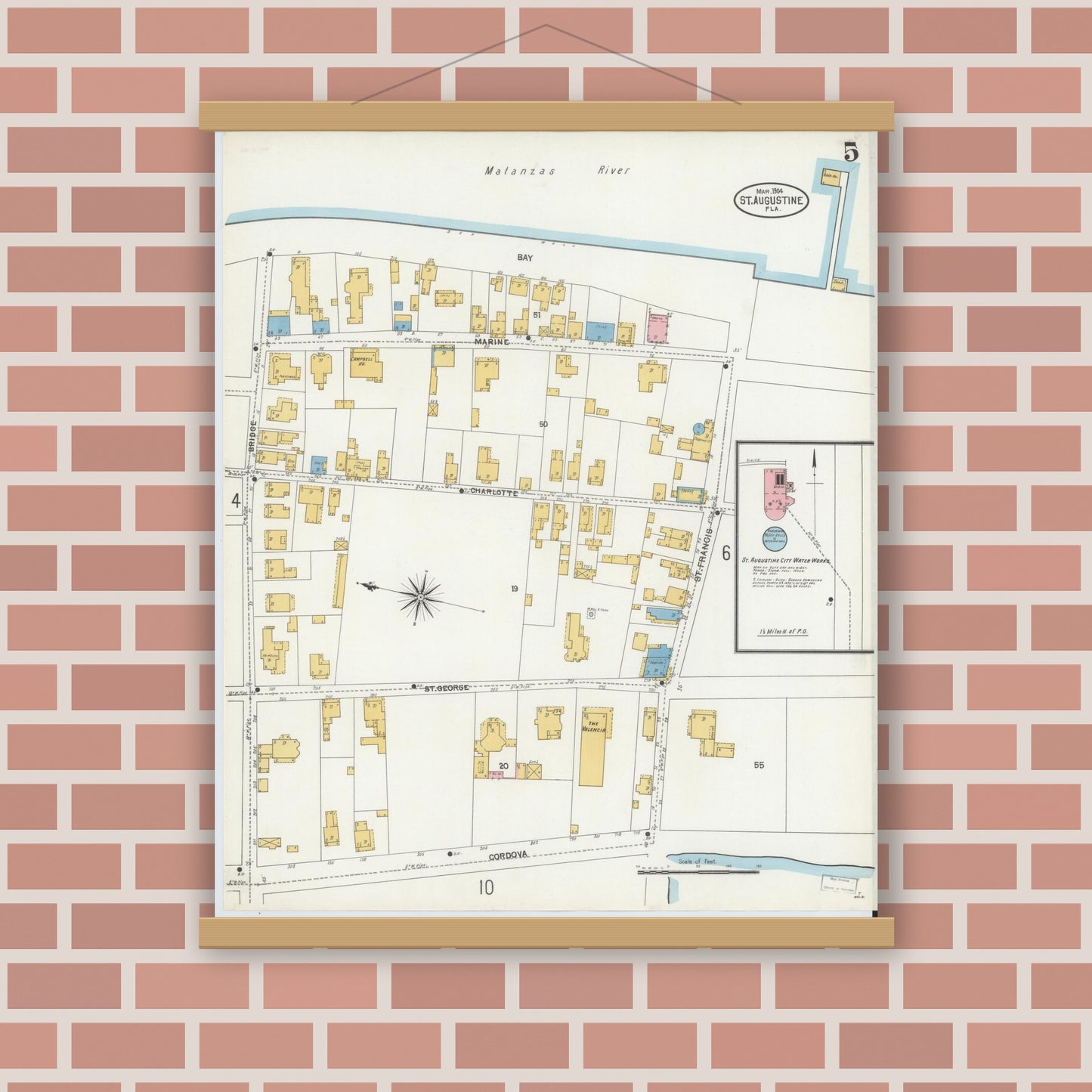Old map wall art mockup — magnetic wood frame on brick wall — Sanborn Fire Insurance Map from Saint Augustine, Saint John's County, Florida (1904), Sheet #0005