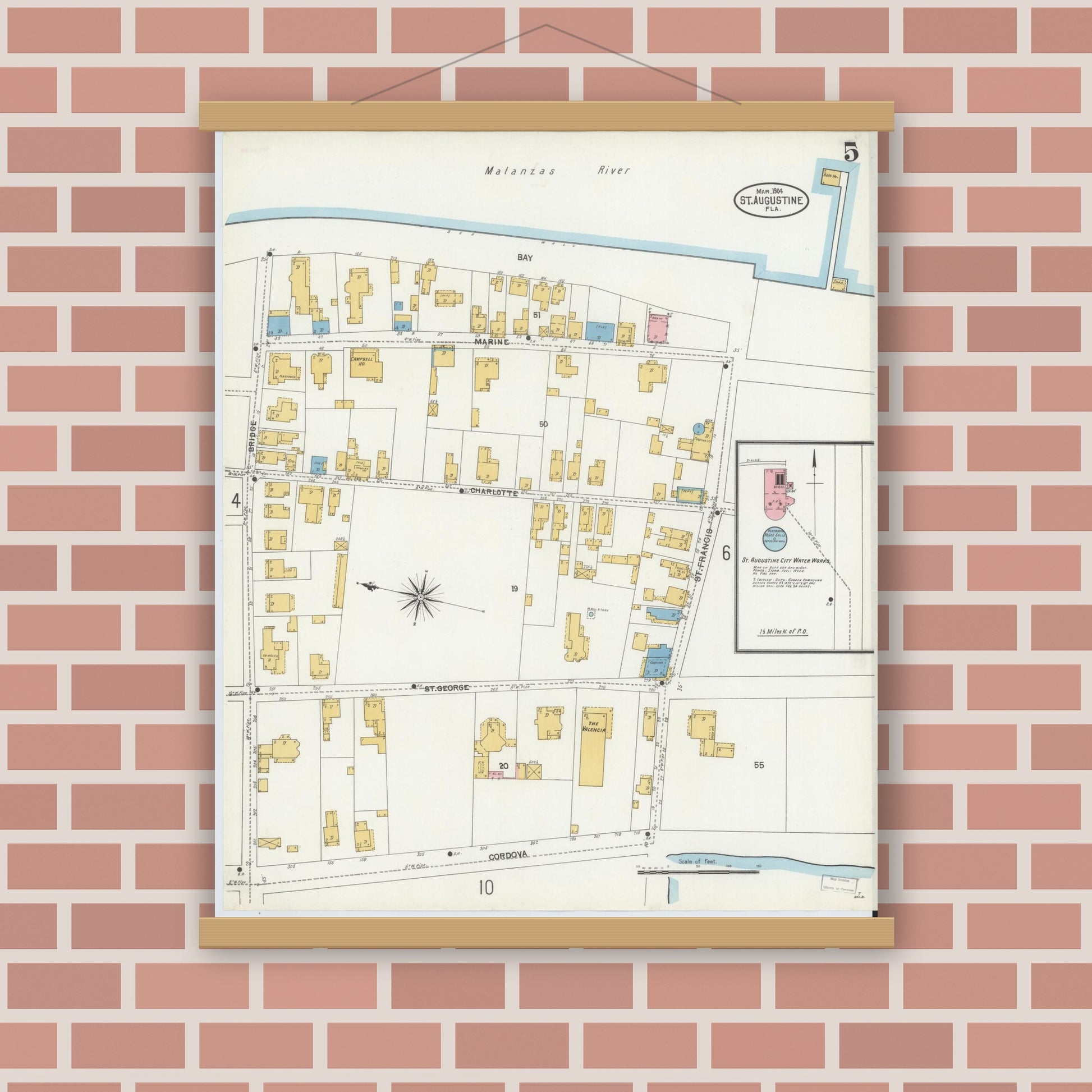 Old map wall art mockup — magnetic wood frame on brick wall — Sanborn Fire Insurance Map from Saint Augustine, Saint John's County, Florida (1904), Sheet #0005