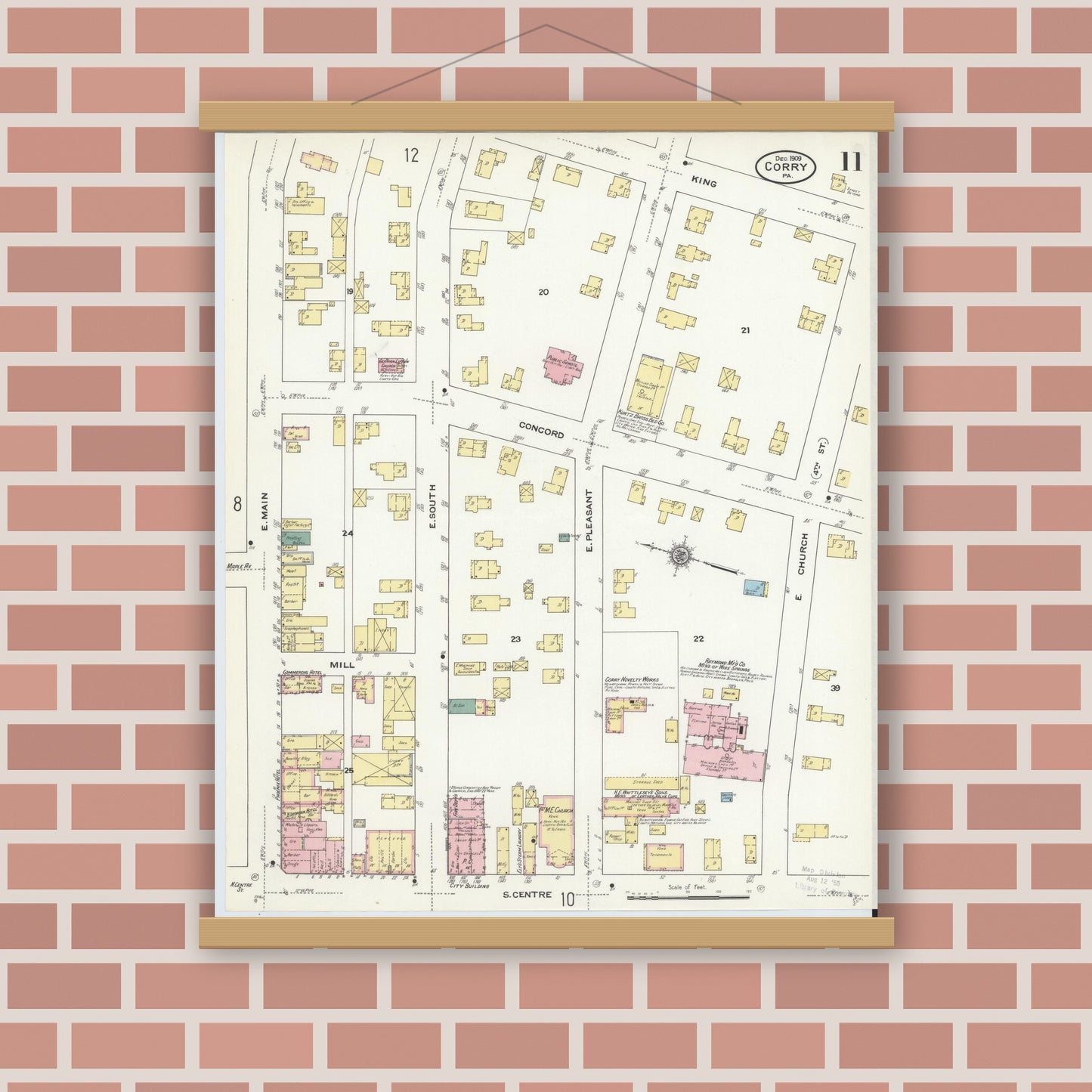 Old map wall art mockup — magnetic wood frame on brick wall — Sanborn Fire Insurance Map from Corry, Erie County, Pennsylvania (1909), Sheet #0011