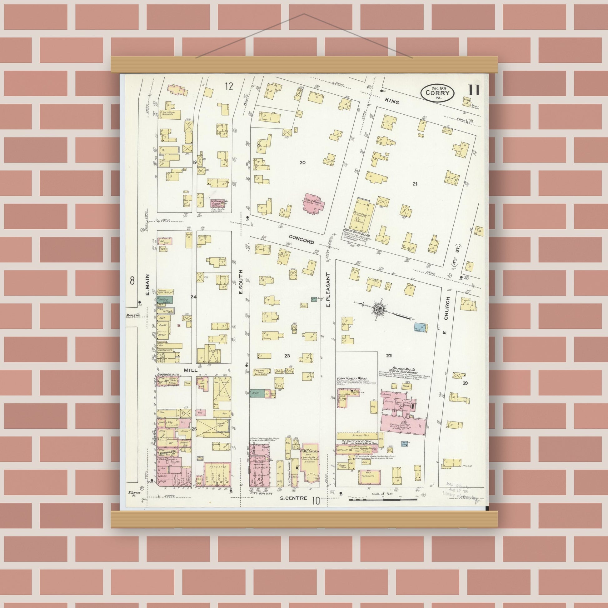 Old map wall art mockup — magnetic wood frame on brick wall — Sanborn Fire Insurance Map from Corry, Erie County, Pennsylvania (1909), Sheet #0011