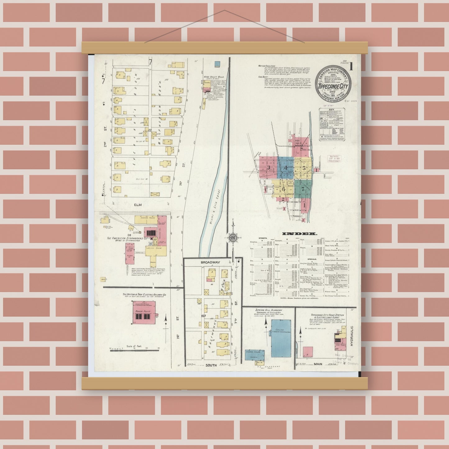 Old map wall art mockup — magnetic wood frame on brick wall — Sanborn Fire Insurance Map from Tipp City, Miami County, Ohio (1911) - Complete Map Set