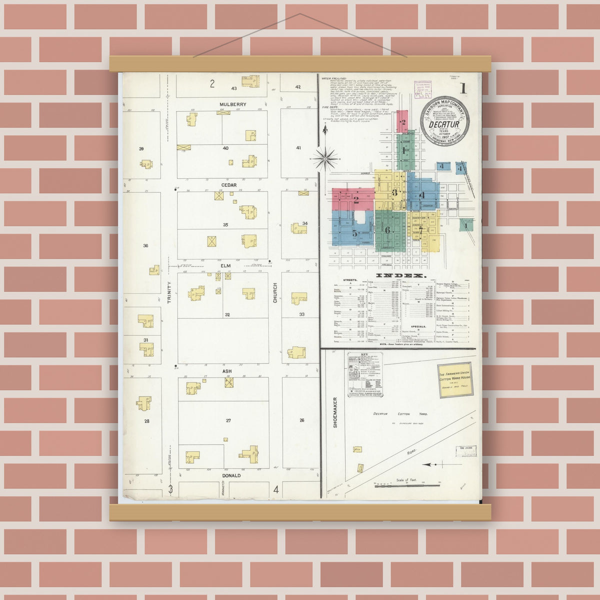 Old map wall art mockup — magnetic wood frame on brick wall — Sanborn Fire Insurance Map from Decatur, Wise County, Texas (1907) - Complete Map Set