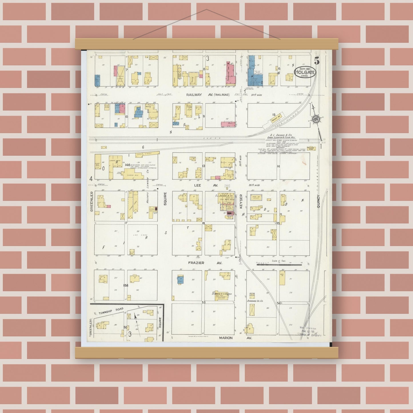 Old map wall art mockup — magnetic wood frame on brick wall — Sanborn Fire Insurance Map from Holgate, Henry County, Ohio (1916), Sheet #0005