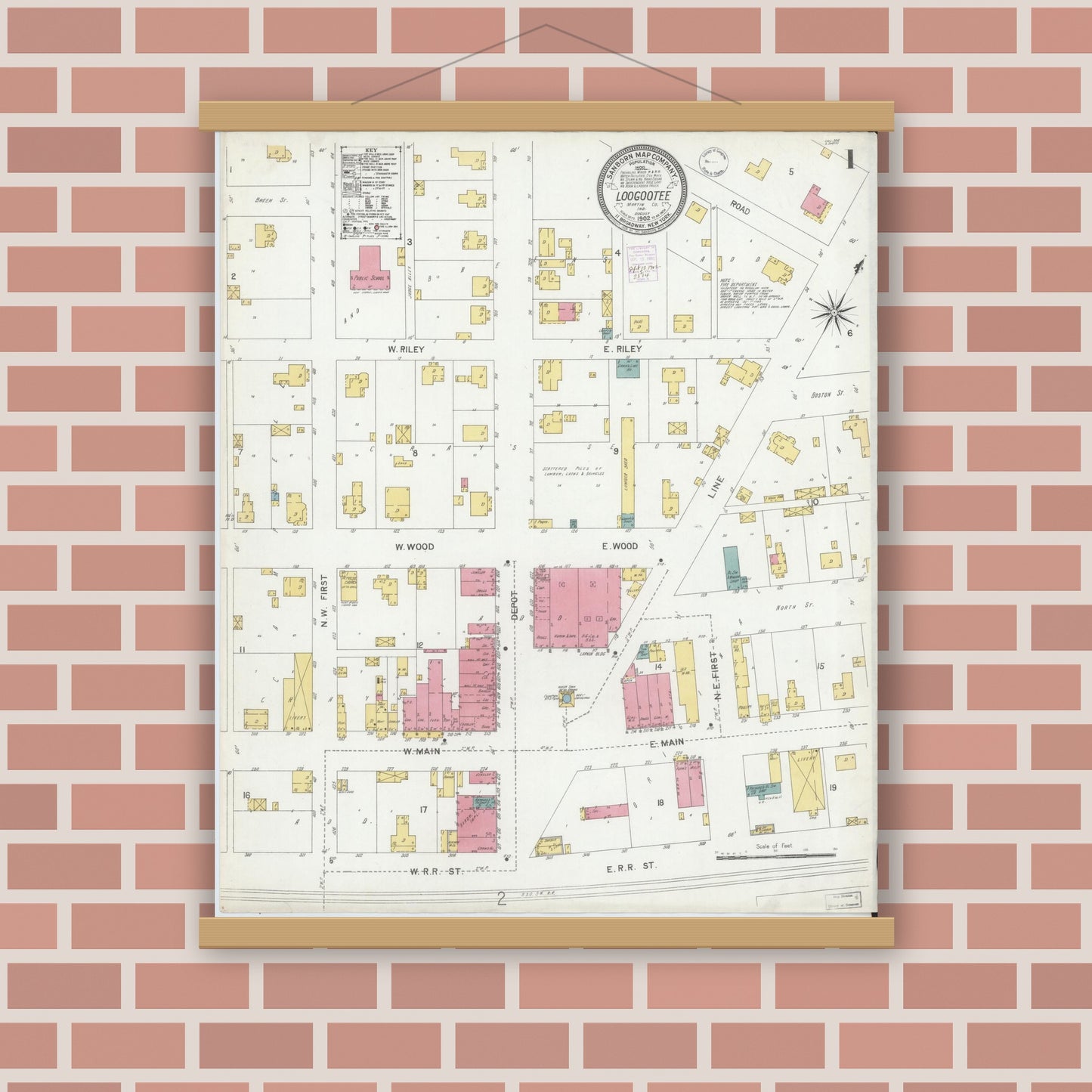 Old map wall art mockup — magnetic wood frame on brick wall — Sanborn Fire Insurance Map from Loogootee, Martin County, Indiana (1902), Sheet #0001