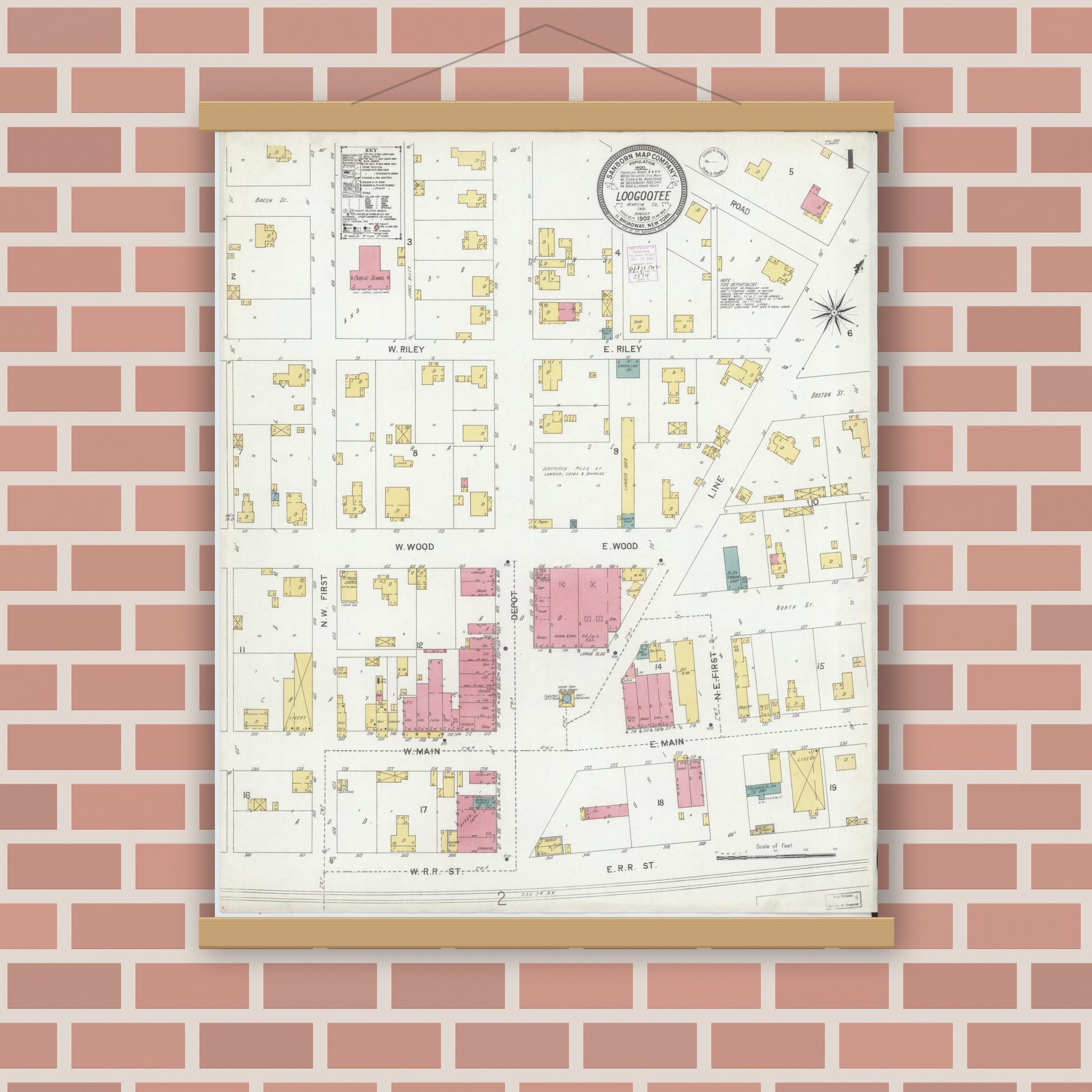 Old map wall art mockup — magnetic wood frame on brick wall — Sanborn Fire Insurance Map from Loogootee, Martin County, Indiana (1902), Sheet #0001