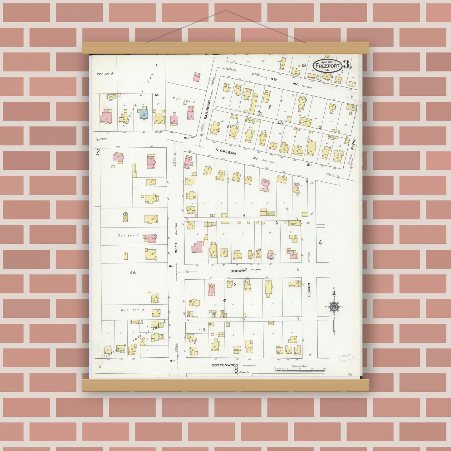 Old map wall art mockup — magnetic wood frame on brick wall — Sanborn Fire Insurance Map from Freeport, Stephenson County, Illinois (1910), Sheet #0003