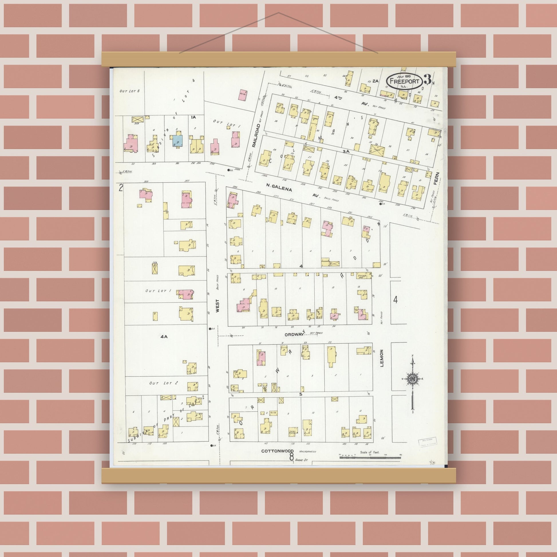 Old map wall art mockup — magnetic wood frame on brick wall — Sanborn Fire Insurance Map from Freeport, Stephenson County, Illinois (1910), Sheet #0003