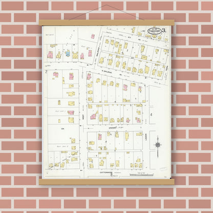 Old map wall art mockup — magnetic wood frame on brick wall — Sanborn Fire Insurance Map from Freeport, Stephenson County, Illinois (1910), Sheet #0003