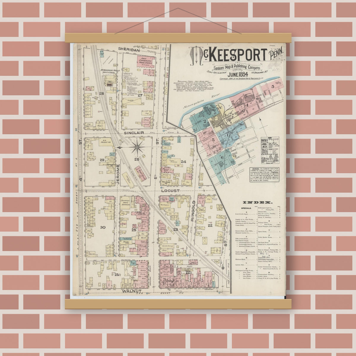 Old map wall art mockup — magnetic wood frame on brick wall — Sanborn Fire Insurance Map from McKeesport, Allegheny County, Pennsylvania (1884), Sheet #0001