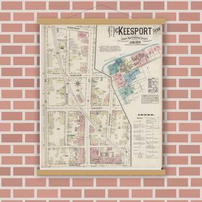 Old map wall art mockup — magnetic wood frame on brick wall — Sanborn Fire Insurance Map from McKeesport, Allegheny County, Pennsylvania (1884), Sheet #0001