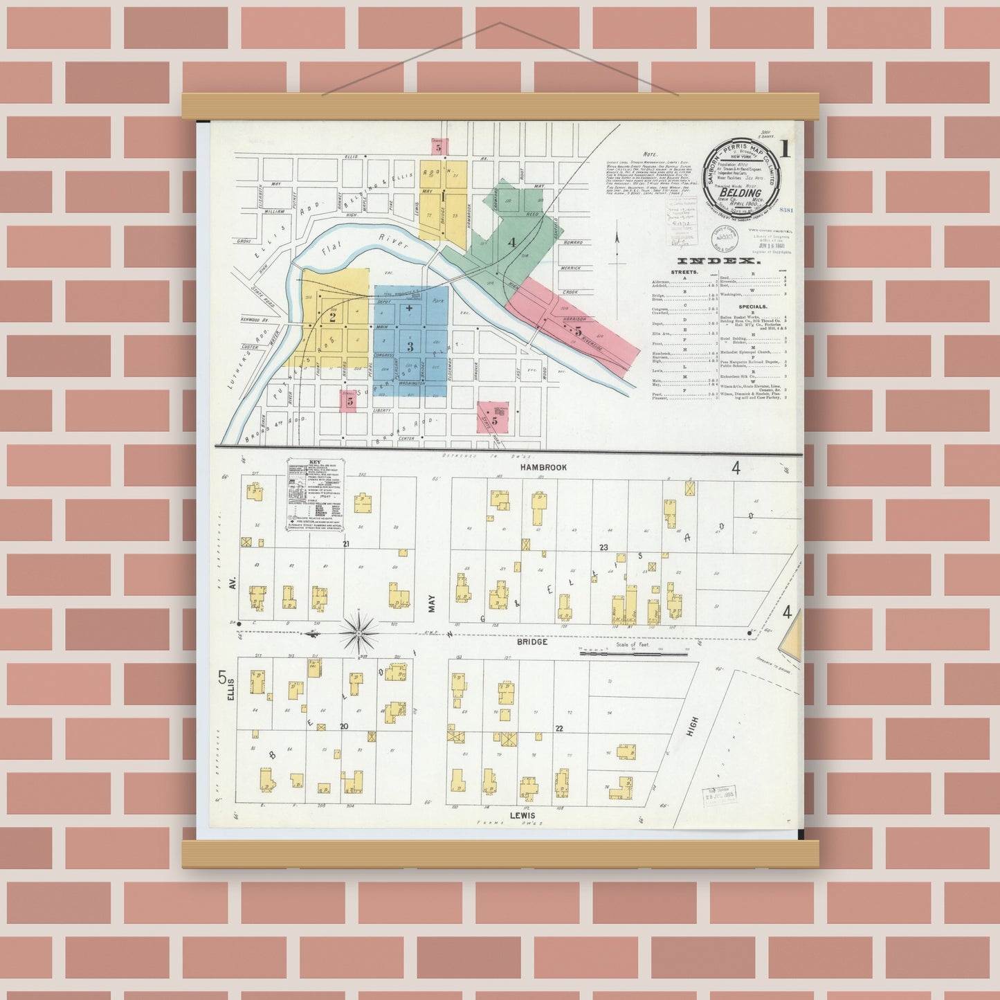 Old map wall art mockup — magnetic wood frame on brick wall — Sanborn Fire Insurance Map from Belding, Ionia County, Michigan (1900) - Complete Map Set