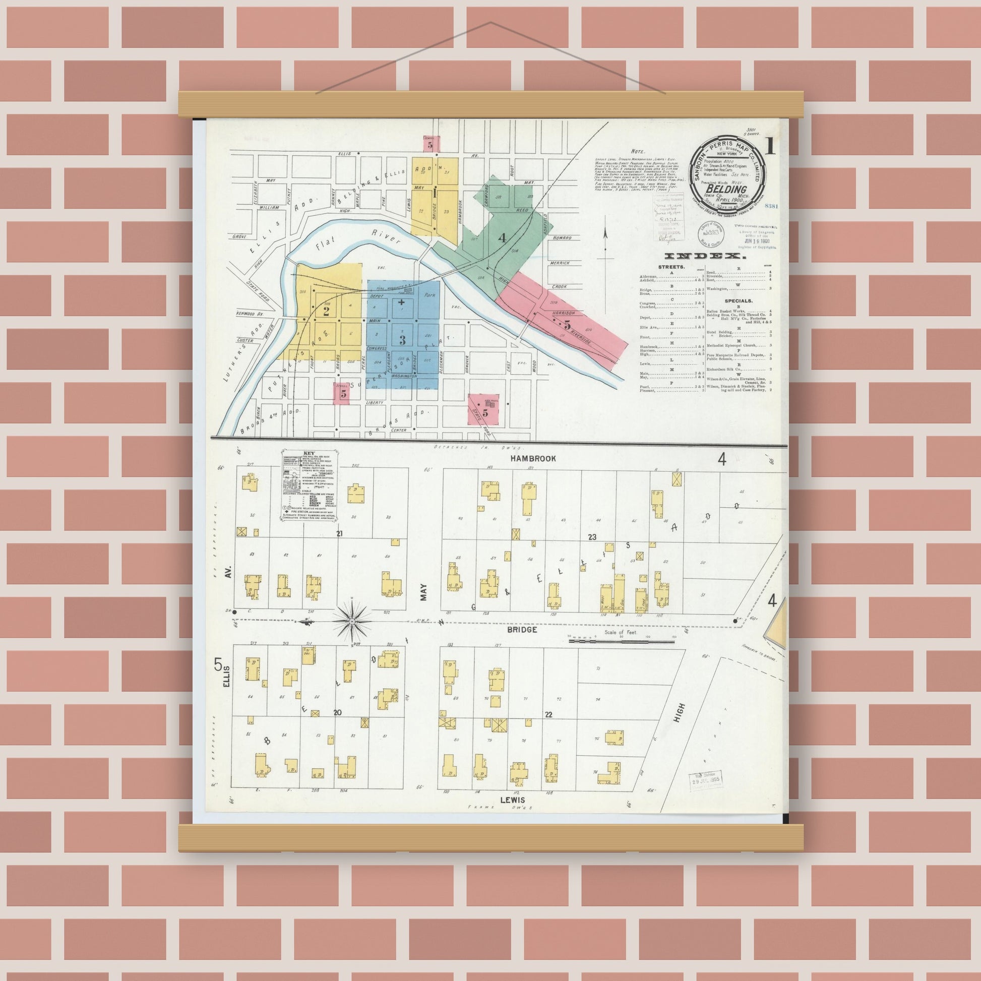 Old map wall art mockup — magnetic wood frame on brick wall — Sanborn Fire Insurance Map from Belding, Ionia County, Michigan (1900) - Complete Map Set