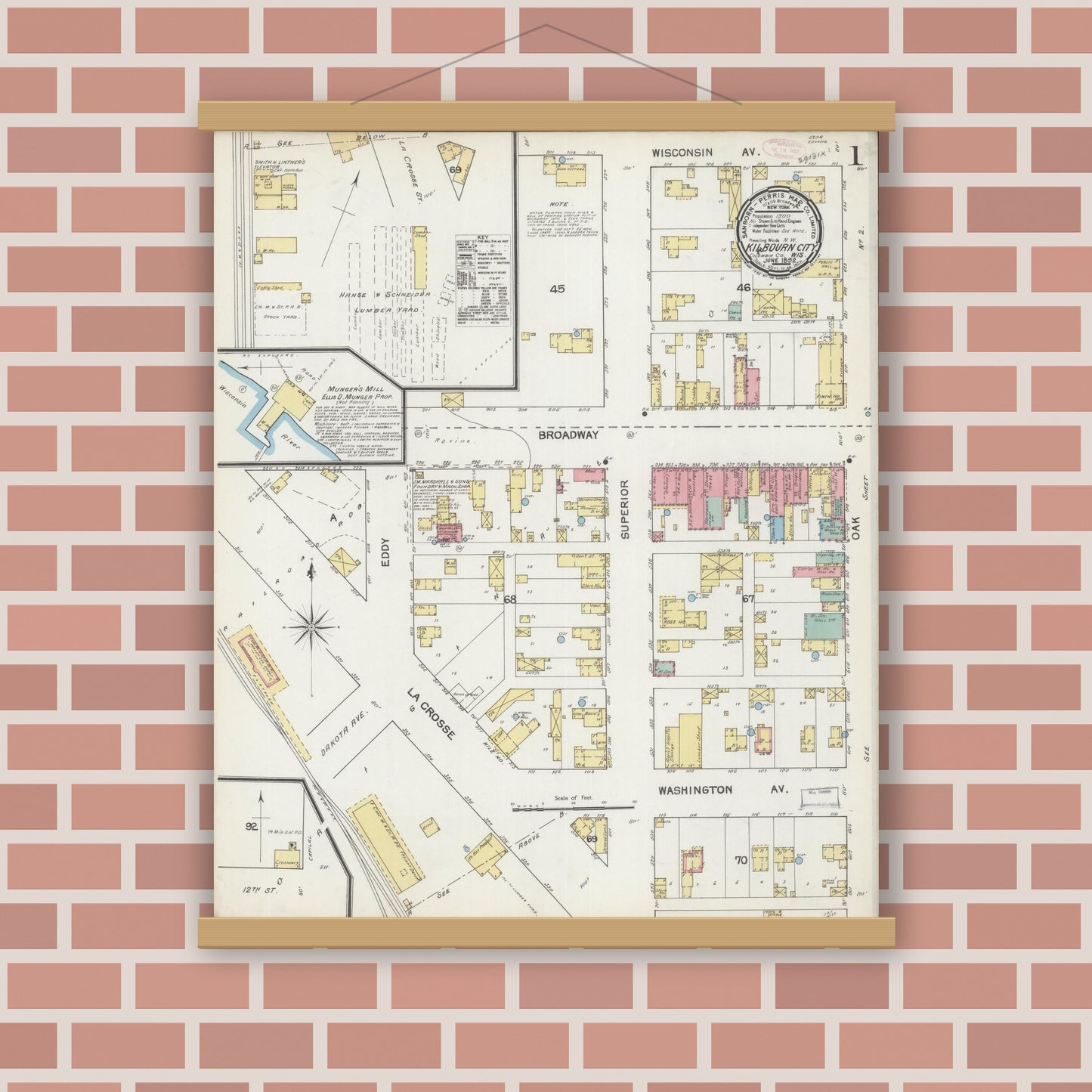 Old map wall art mockup — magnetic wood frame on brick wall — Sanborn Fire Insurance Map from Kilbourn, Columbia County, Wisconsin (1892), Sheet #0001