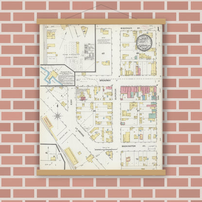 Old map wall art mockup — magnetic wood frame on brick wall — Sanborn Fire Insurance Map from Kilbourn, Columbia County, Wisconsin (1892), Sheet #0001