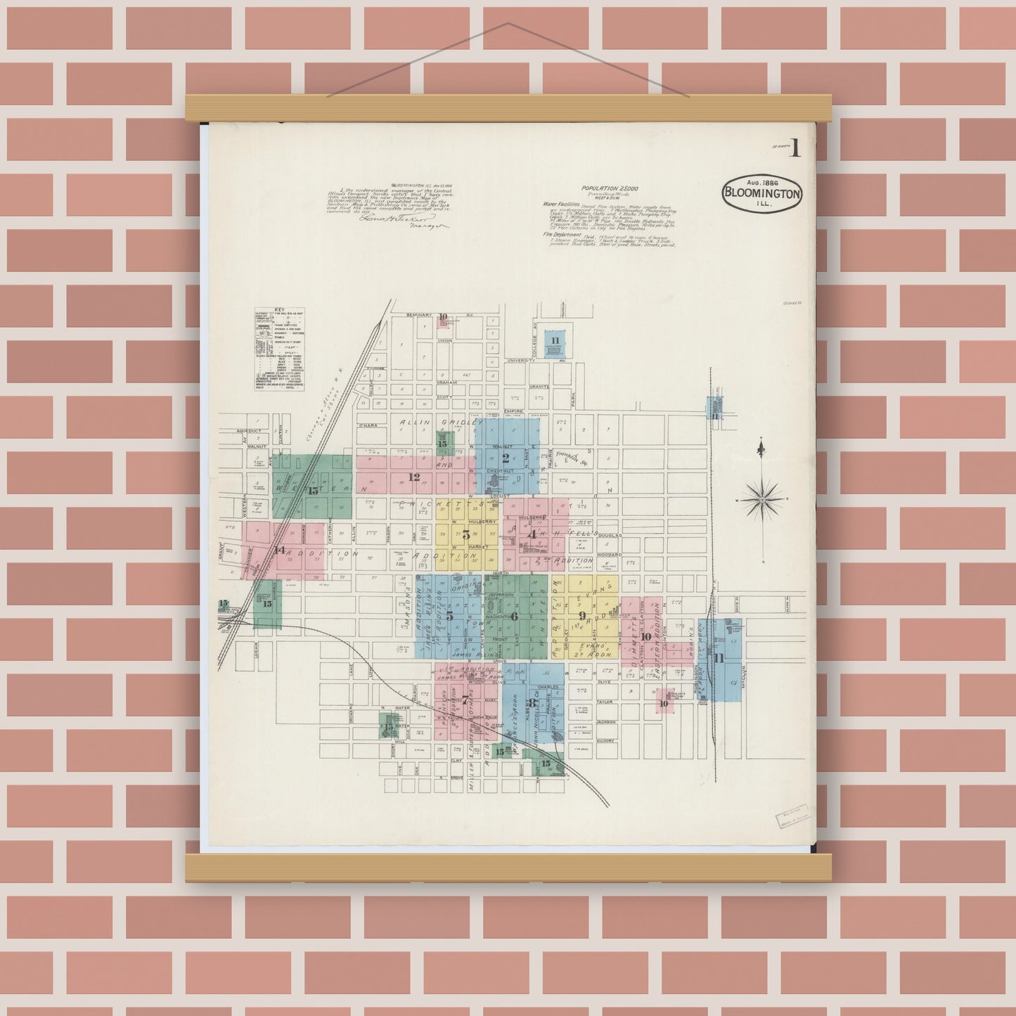 Old map wall art mockup — magnetic wood frame on brick wall — Sanborn Fire Insurance Map from Bloomington, McLean County, Illinois (1886) - Complete Map Set