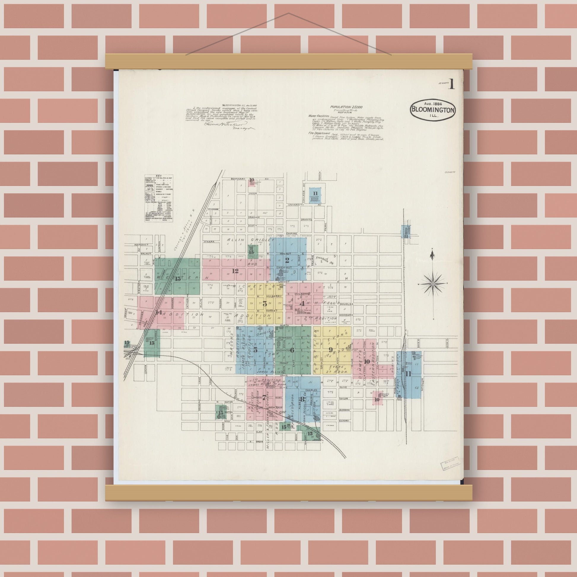 Old map wall art mockup — magnetic wood frame on brick wall — Sanborn Fire Insurance Map from Bloomington, McLean County, Illinois (1886) - Complete Map Set