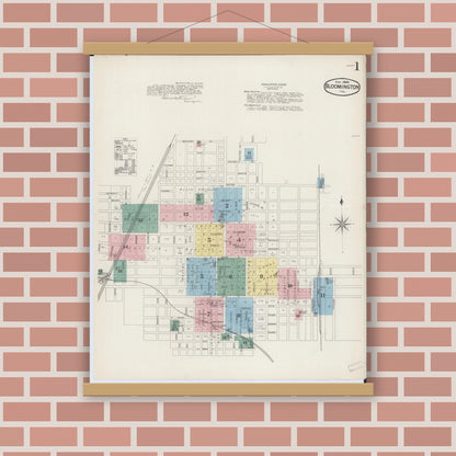 Old map wall art mockup — magnetic wood frame on brick wall — Sanborn Fire Insurance Map from Bloomington, McLean County, Illinois (1886) - Complete Map Set